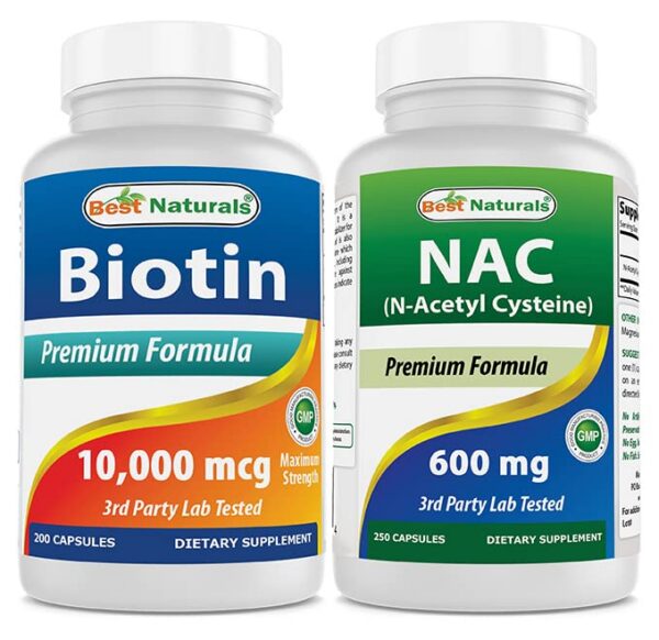Frente del envase Best Naturals Biotina 10000 mcg NAC 600 mg