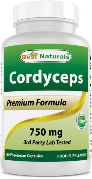 Botella de Best Naturals con cápsulas vegetales de Cordyceps 750 mg
