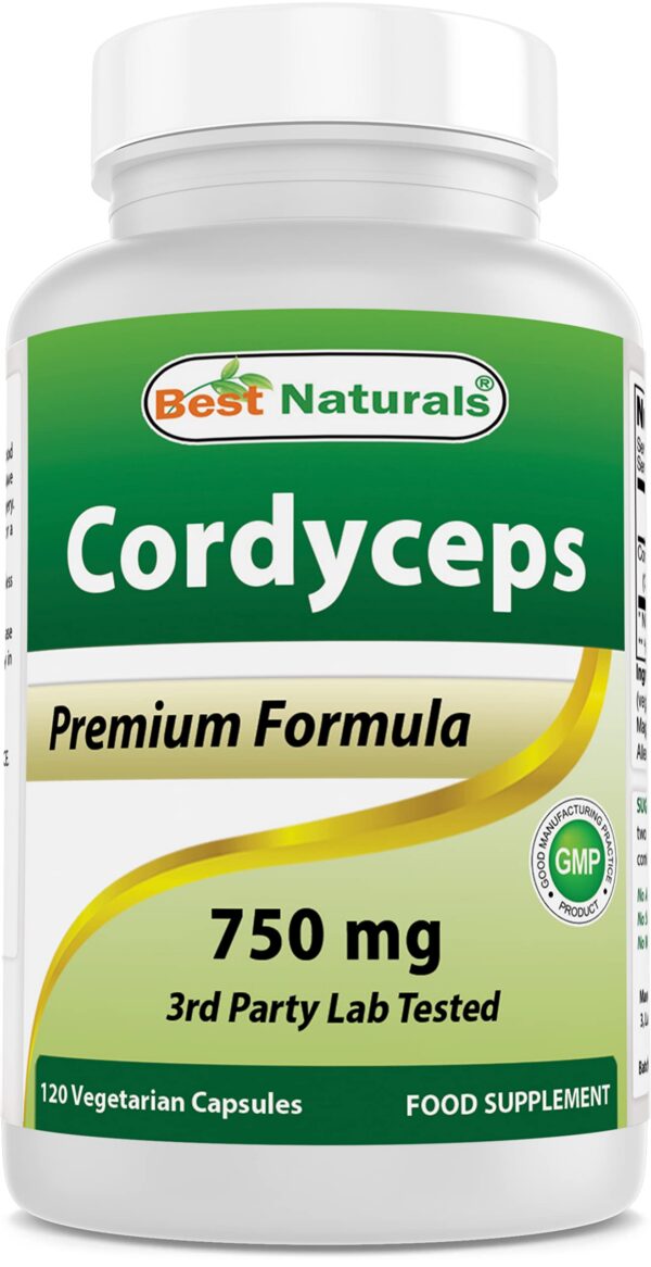 Version 1.0.0 Botella de Best Naturals con cápsulas vegetales de Cordyceps 750 mg