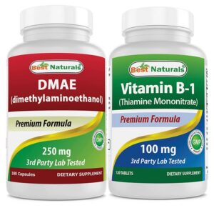 Vista frontal de botella Best Naturals DMAE y B1 cápsulas