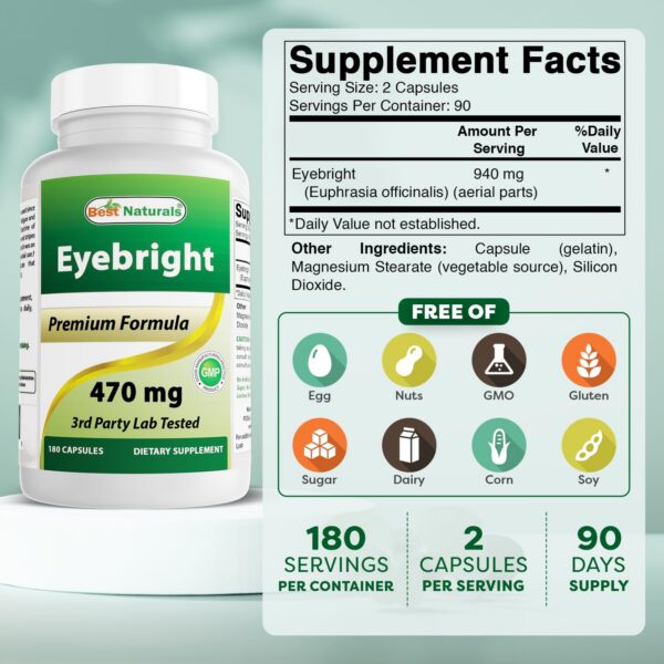 Etiqueta y frasco de Eyebright 470 mg
