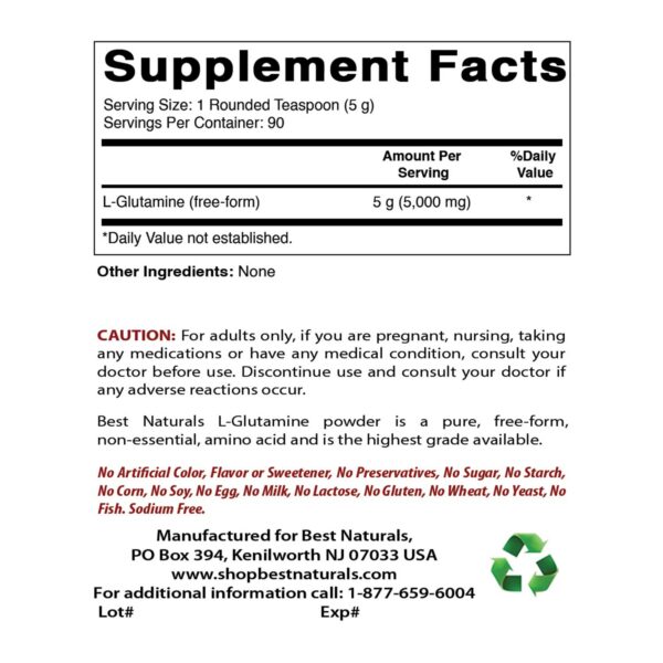Etiqueta trasera de producto L-Glutamina Best Naturals