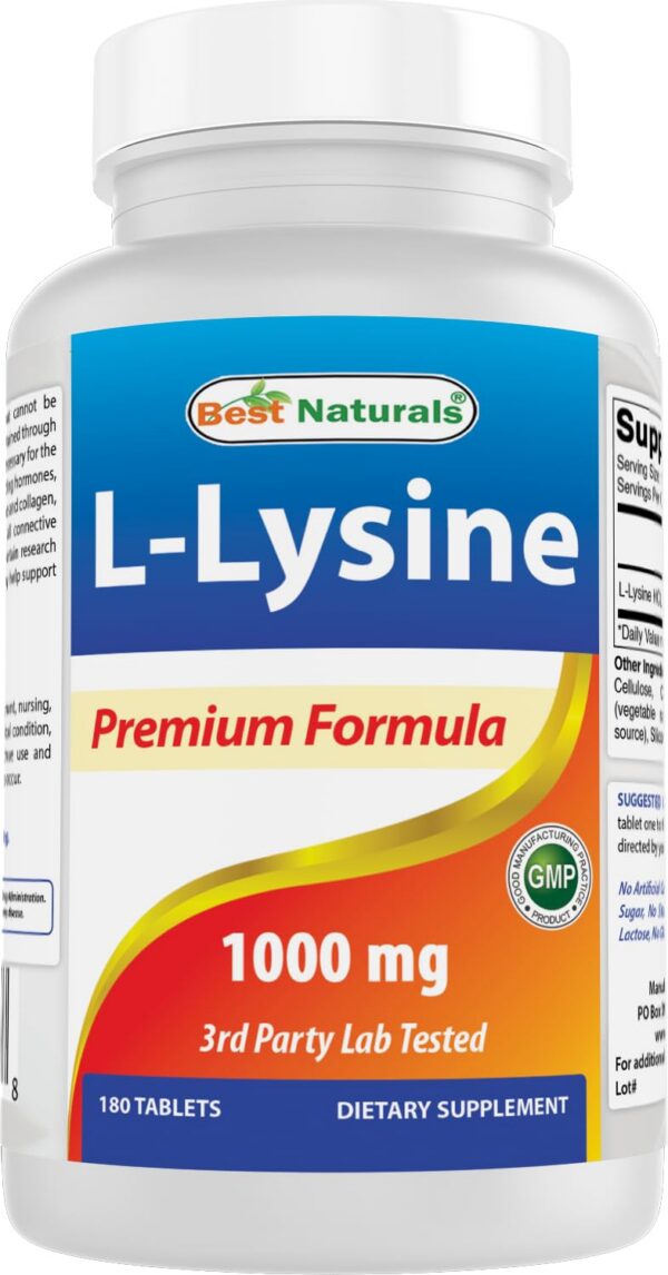 Frente de la botella Best Naturals L-Lysine 1000 mg