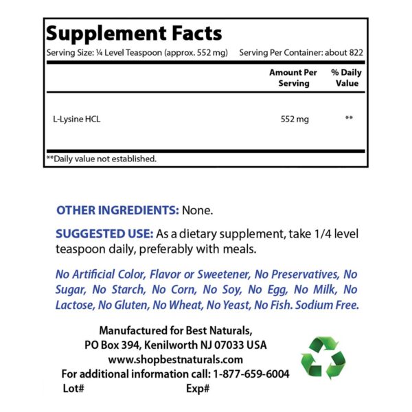 Etiqueta frontal del frasco Best Naturals Lysine Vitamina C