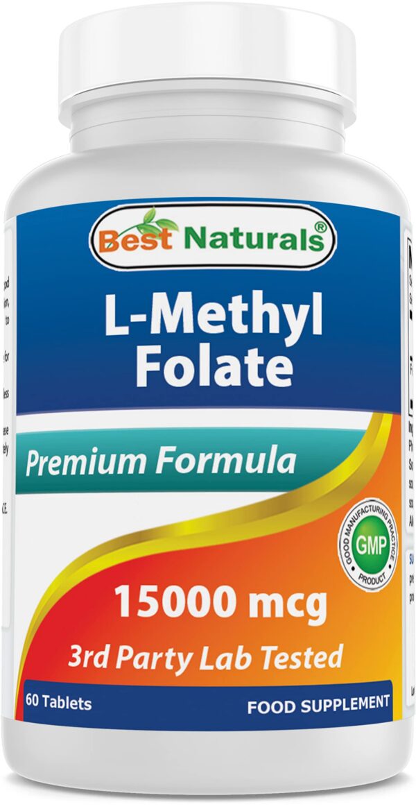 Frontal de la botella Best Naturals Methyl Folate 15000 mcg 60 tabletas