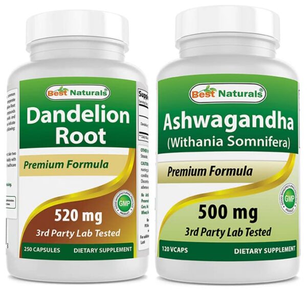 Best Naturals raíz de diente de león y extracto de ashwagandha frasco