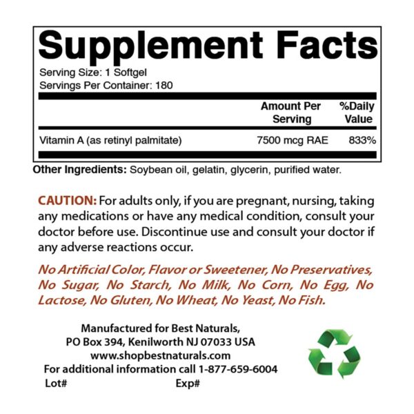 Envase Best Naturals vitamina a 25000 iu softgels