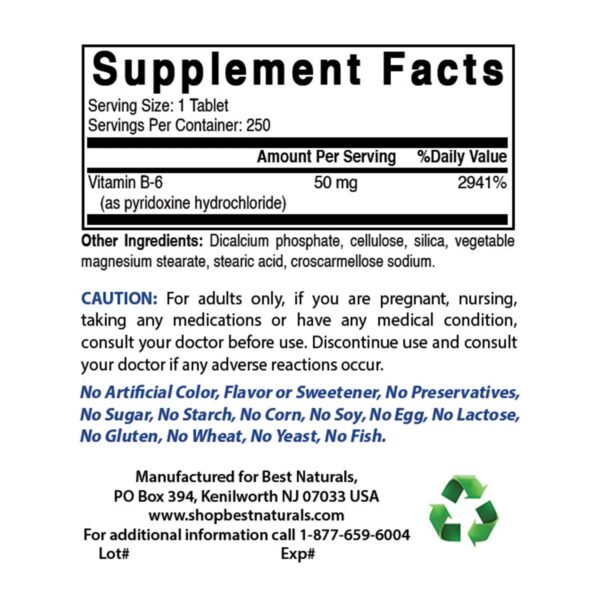 Best Naturals Vitamina B6 paquete de 3 frascos 250 tabletas cada uno