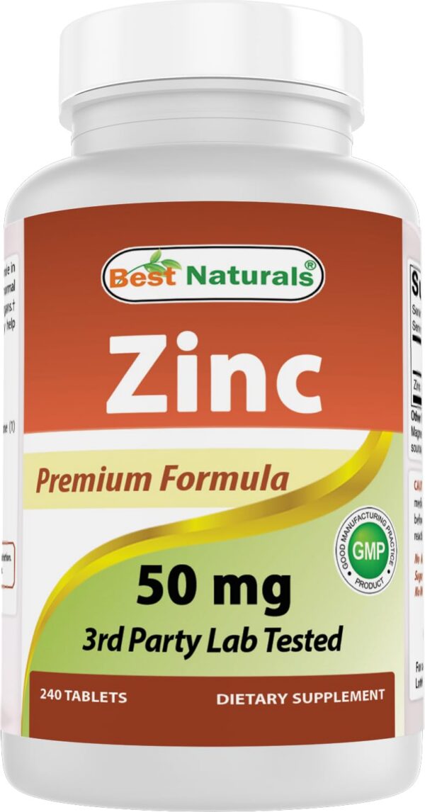 Frasco de Best Naturals zinc gluconato 50 mg tabletas