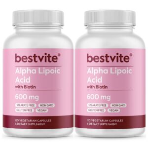 Frasco frontal de BESTVITE Alpha Lipoic Acid 600 mg