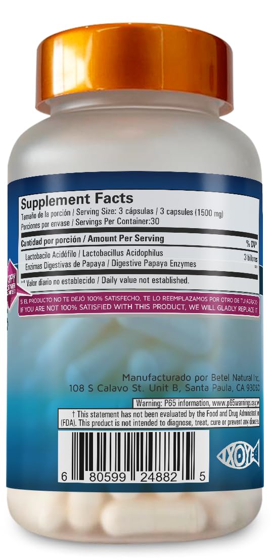 Etiqueta con detalles de Lactobacillus Acidophilus y papaya