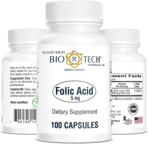 Cápsulas blancas de ácido fólico 5 mg de Bio-Tech Pharmacal