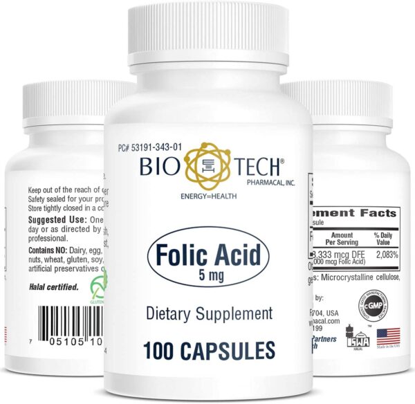 Cápsulas blancas de ácido fólico 5 mg de Bio-Tech Pharmacal