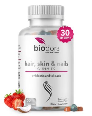 Gomitas Biodora para cabello piel uñas frente al frasco