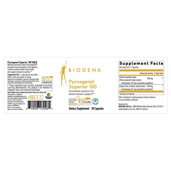 Etiqueta del frasco Biogena Pycnogenol 100 mg Gold