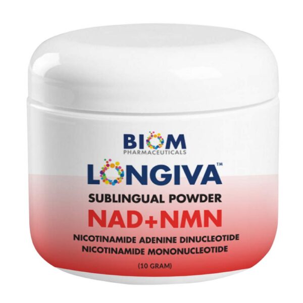 Frente del empaque Biom NAD+NMN 2-en-1 NAD Polvo Sublingual