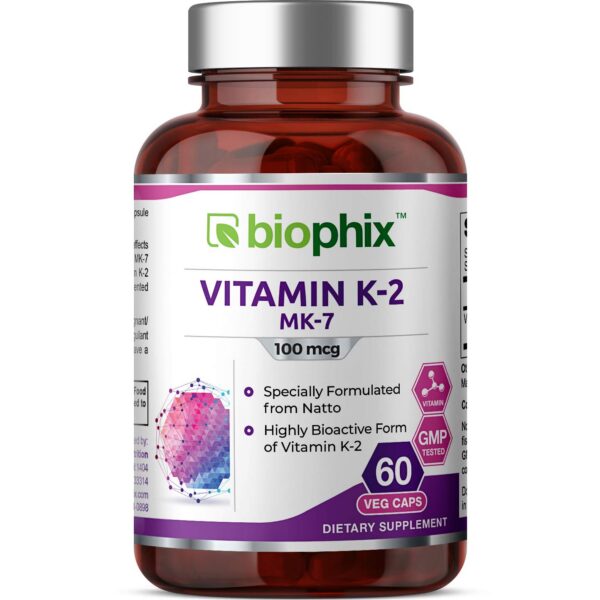 Frasco biophix vitamina K2 MK-7 100 mcg 60 cápsulas vegetales