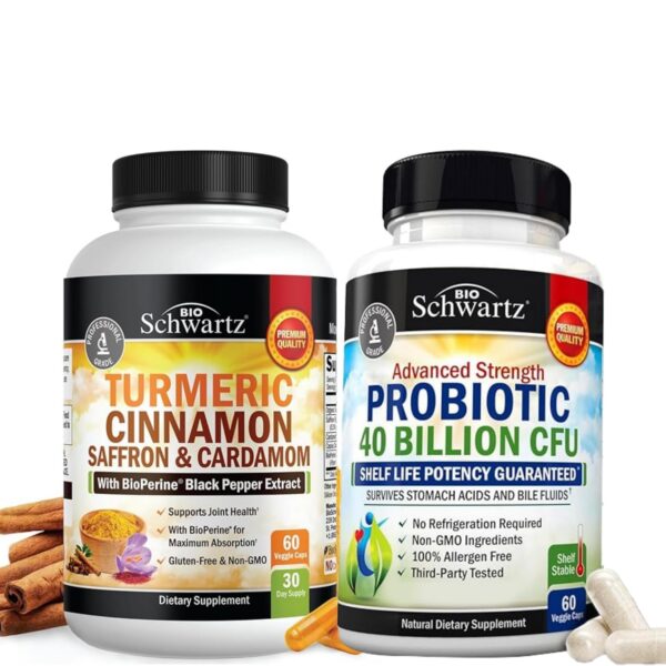 Botella de suplemento BioSchwartz cúrcuma y probióticos