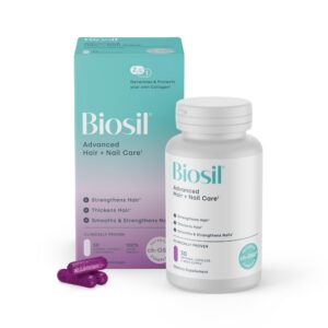 Frasco de Biosil Advanced Hair + Nail Care con etiqueta frontal