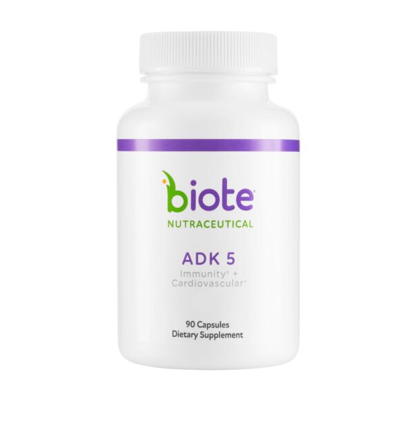 Version 1.0.0 Frente del empaque Biote ADK5 Cardiovascular en cápsulas