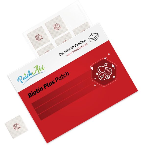 Version 1.0.0 Parche Biotin Plus PatchAid blanco en uso sobre piel