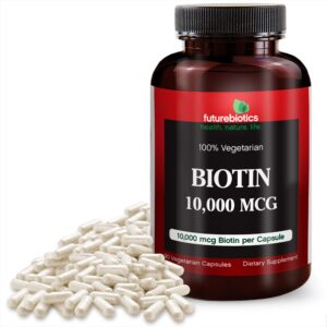 Frasco de cápsulas vegetarianas de biotina Futurebiotics 10,000 mcg