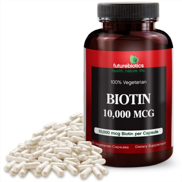 Frasco de cápsulas vegetarianas de biotina Futurebiotics 10,000 mcg
