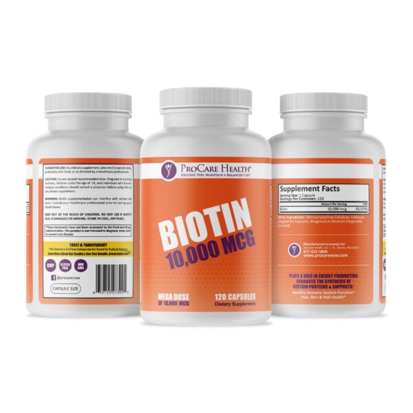 Frasco de biotina ProCare Health 10,000 mcg para salud capilar