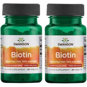 Frasco de tabletas de Biotina Swanson 10000 mcg liberación prolongada