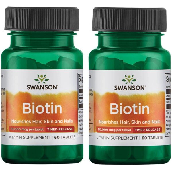 Frasco de tabletas de Biotina Swanson 10000 mcg liberación prolongada