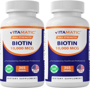 Botella de biotina Vitamatic 10,000 mcg para cabello piel y uñas