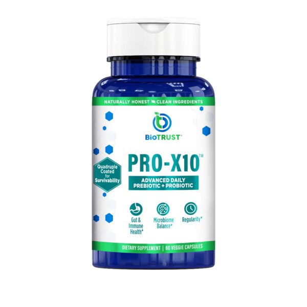Frasco de BioTrust Pro-X10 probióticos para salud digestiva e inmune
