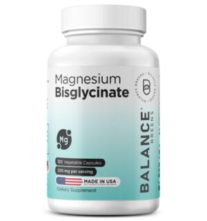 Frasco de cápsulas de bisglicinato de magnesio 200mg para salud muscular y ósea