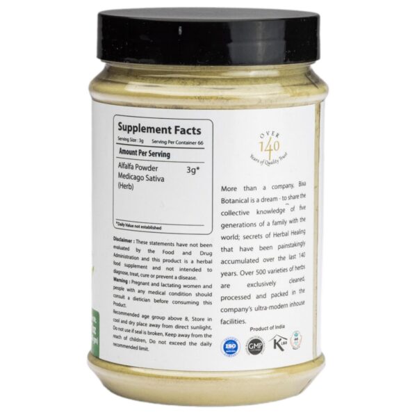 Etiqueta del suplemento natural de alfalfa bixa BOTANICAL