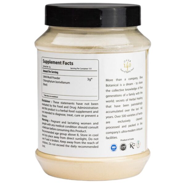 Etiqueta lateral del producto Safed Musli polvo