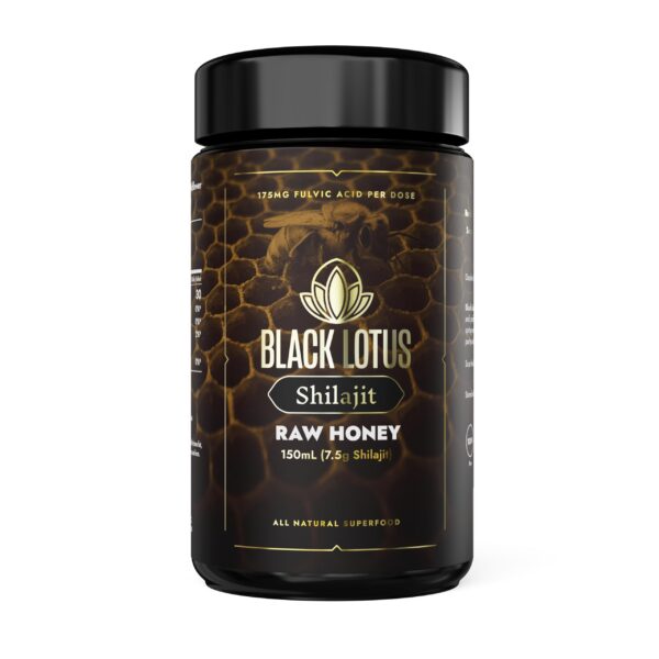 Frente del frasco de Shilajit Black Lotus con miel cruda