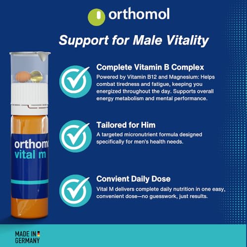 Blíster y cápsulas Orthomol Vital M para energía y vitalidad masculina