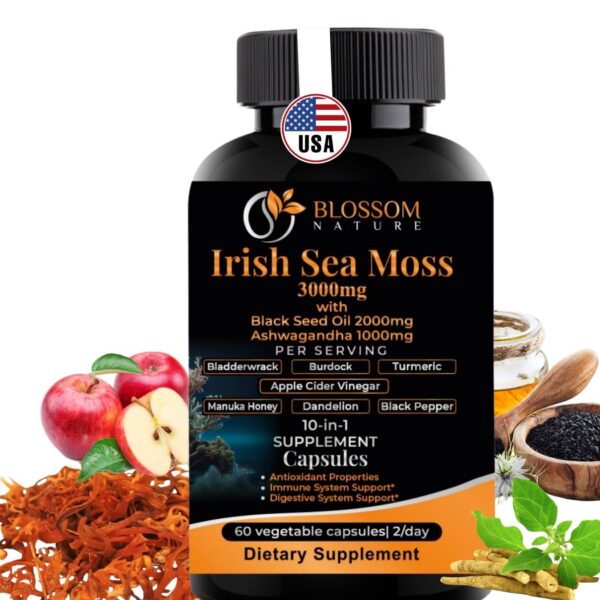 Frasco Blossom Nature 10-en-1 Irish Sea Moss cápsulas vegetales