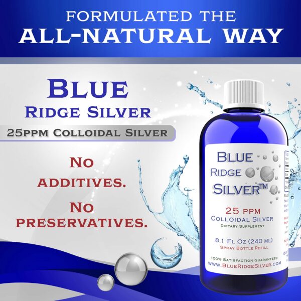 Frasco de plata coloidal 25 ppm Blue Ridge Silver 8 oz