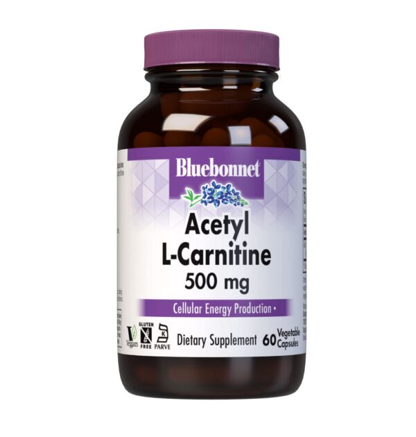 Frasco azul de BlueBonnet Acetil L-Carnitina 500 mg 60 cápsulas