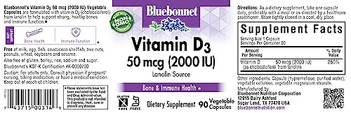 Etiqueta frontal suplemento BlueBonnet vitamina D3 2000 IU