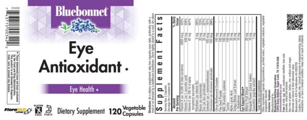 Etiqueta y cápsulas de BlueBonnet antioxidante para ojos