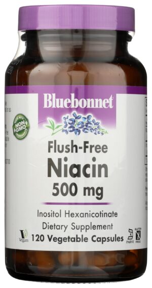 Frasco de BlueBonnet Niacina sin enrojecimiento 500mg 120 cápsulas