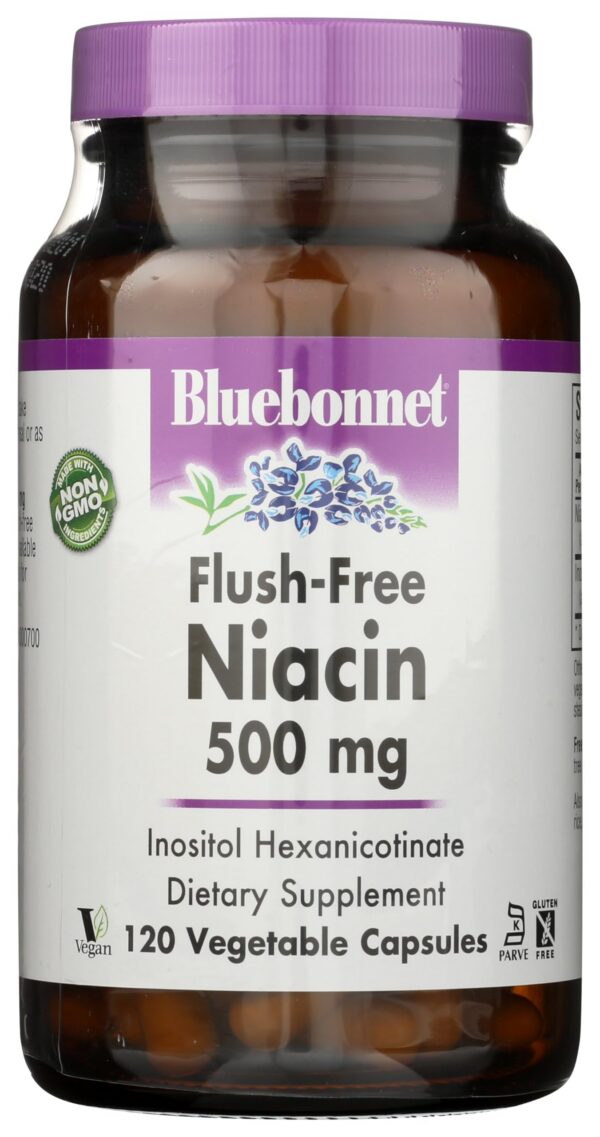 Frasco de BlueBonnet Niacina sin enrojecimiento 500mg 120 cápsulas