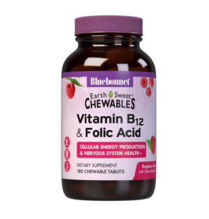 Bluebonnet vitaminas B12 y ácido fólico tabletas masticables envase frontal