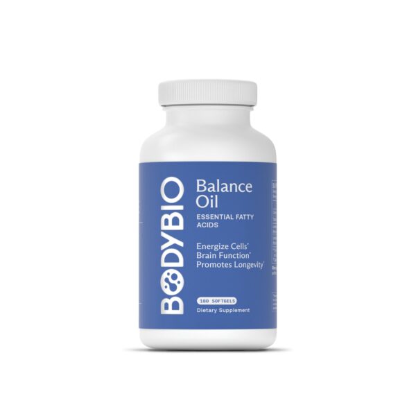Version 1.0.0 BodyBio Balance Oil botella con etiqueta