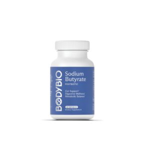 Frasco de BodyBio Butirato de Sodio suplemento intestinal 60 cápsulas