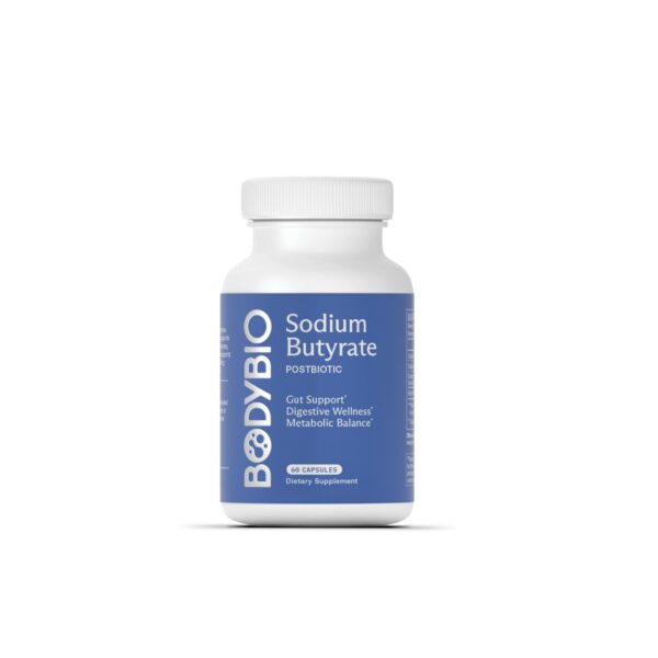 Version 1.0.0 Frasco de BodyBio Butirato de Sodio suplemento intestinal 60 cápsulas