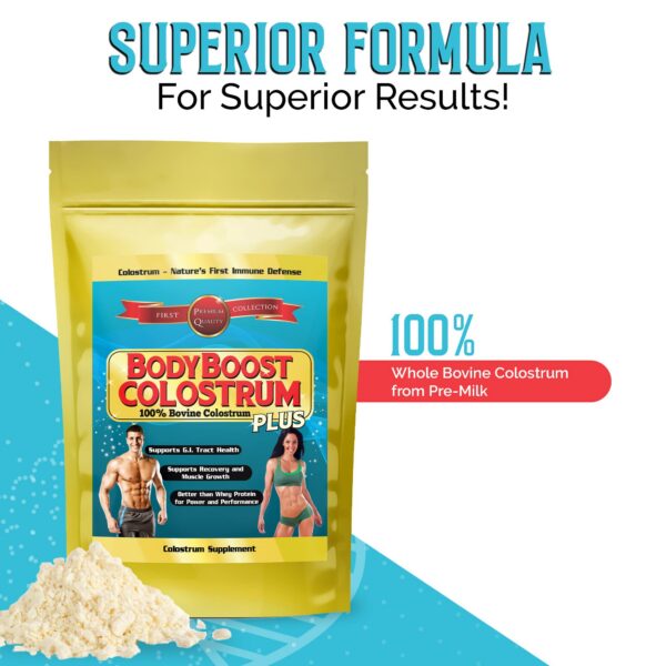 Cucharada de polvo calostro BodyBoost con suplemento inmunitario