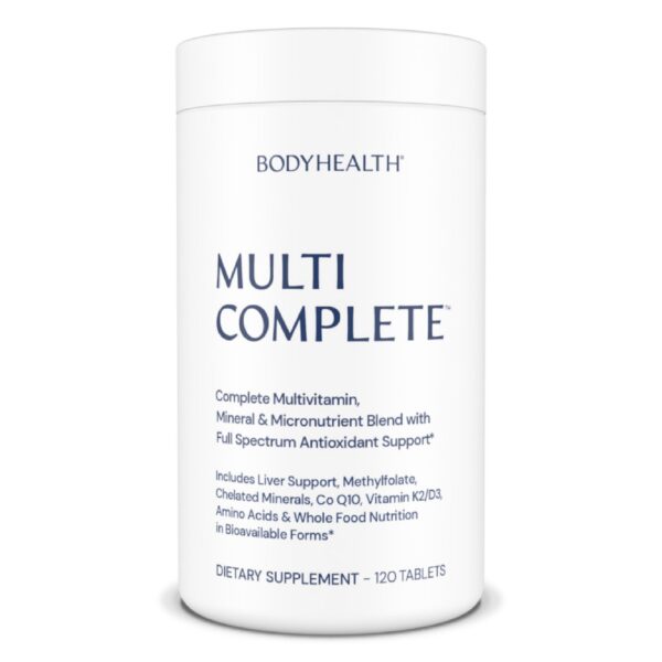 Frasco multivitaminas BodyHealth Multi Complete 120 cápsulas veganas